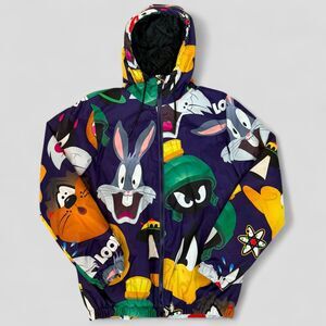 MEMBERS ONLY Looney Tunes Men Windbreaker Hooded Full Zip Jacket Purple Sz Small